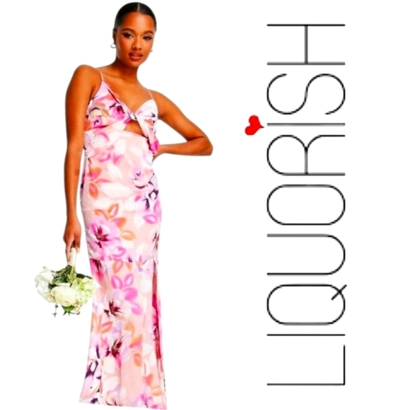 Liquorish ASOS Formal Satin Twist-Front Maxi Dress Pinks Cutout Slit Sz 8 NWT - Picture 16 of 16